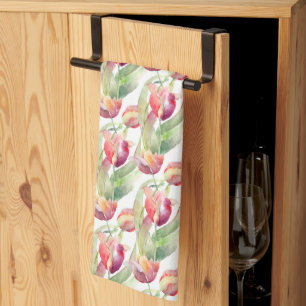 Waterverf Vintage Rode Tulpen Weiland Pasen Theedoek