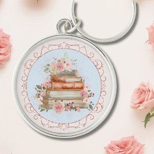 Waterverf Vintage Roze Rozen en Boeken Bloemstuk Sleutelhanger