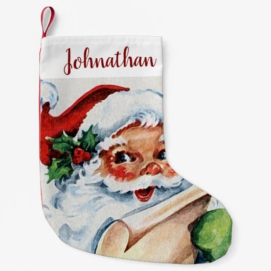 Waterverf Vintage Santa Claus & Naam in Script Kleine Kerstsok (Voorkant)