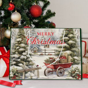 Waterverf Vintage Trees Merry Christmas Script Groot Cadeauzakje