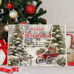 Waterverf Vintage Trees Merry Christmas Script Groot Cadeauzakje<br><div class="desc">waterverf kerstbomen Vrolijk kerstcadeau tas in crème en rood. De ontwerptekst van 'Merry Christmas' kan ongewijzigd worden bewaard of bewerkt.</div>