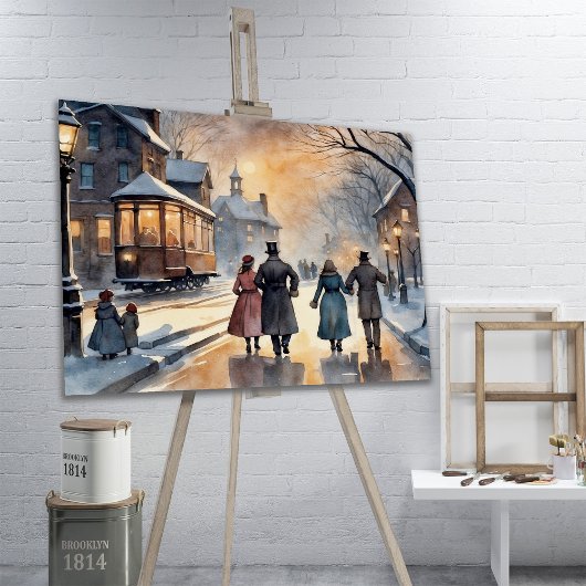 Waterverf Vintage Victoriaans Snowy Street Canvas Afdruk