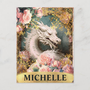 Waterverf vintage witte draak en roze rozen briefkaart