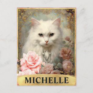 Waterverf Vintage Witte kat en roze rozen Briefkaart
