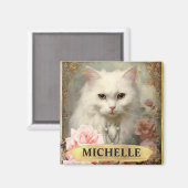Waterverf Vintage Witte kat en roze rozen Magneet (Voorkant / Achterkant)