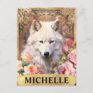 Waterverf Vintage Witte Wolf en Roze Rozen Briefkaart