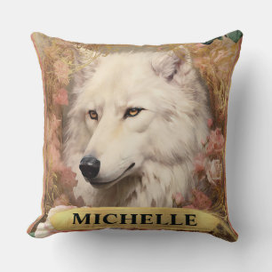Waterverf Vintage Witte Wolf en Roze Rozen Kussen
