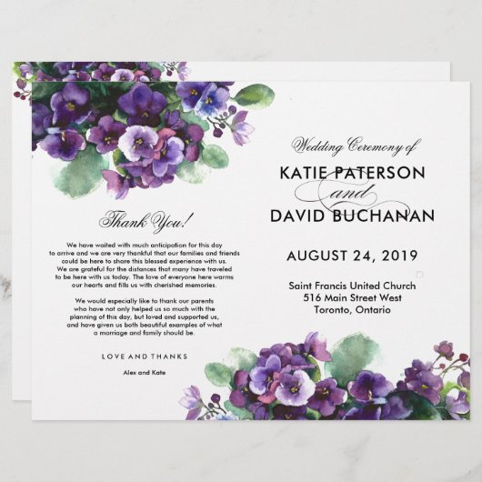 Waterverf viola-bloembruiloft (Voorkant / Achterkant)