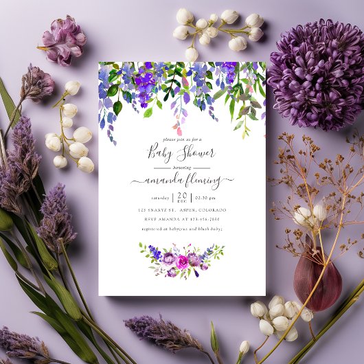 Waterverf Violet Floral Baby shower Kaart