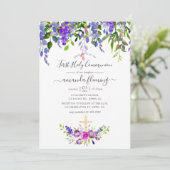 Waterverf Violet Floral Eerste Heilige Communie Kaart (Staand voorkant)