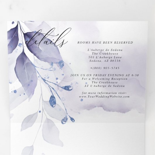 Waterverf Violet Leafy ALL IN ONE WEDING Drieluik Uitnodiging (Binnenzijde eerst)