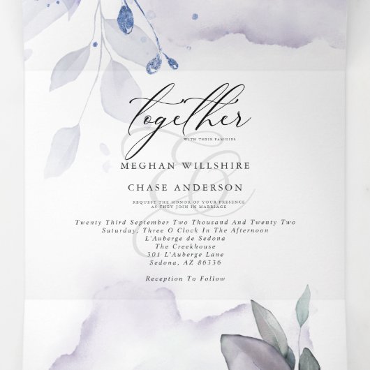 Waterverf Violet Leafy ALL IN ONE WEDING Drieluik Uitnodiging (Binnenkant midden)