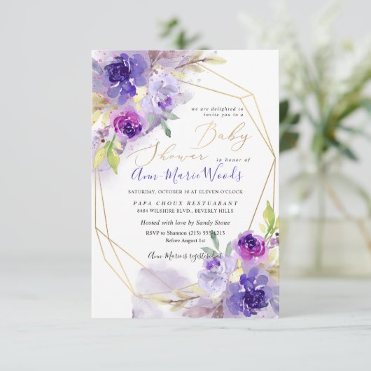 Waterverf Violet Paars Peonies Baby shower Kaart (Staand voorkant)