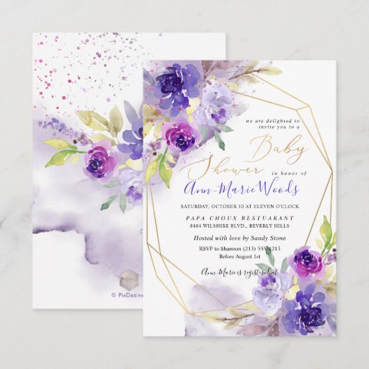 Waterverf Violet Paars Peonies Baby shower Kaart (Voorkant / Achterkant)