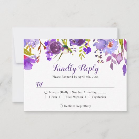 Waterverf Violet Paarse Floral Wedding RSVP Antwoo (Voorkant)