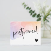 Waterverf Violet Peach Postponed Wedding Aankondigingskaart (Staand voorkant)