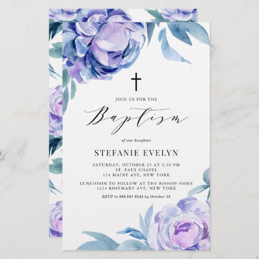 Waterverf Violet Pioen Bloemen Doop Uitnodiging (Voorkant / Achterkant)