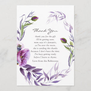 Waterverf Violet Poppy Floral Baby shower Bedankt