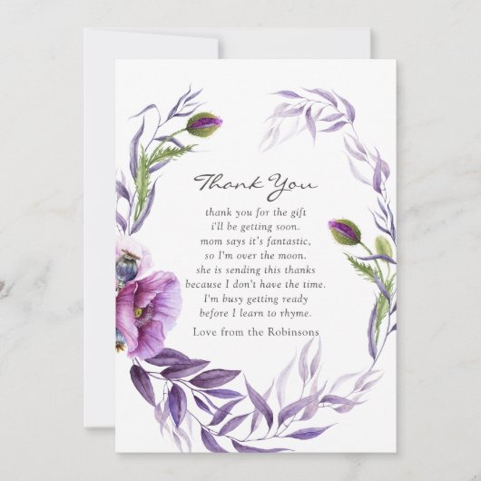 Waterverf Violet Poppy Floral Baby shower Bedankt (Voorkant)
