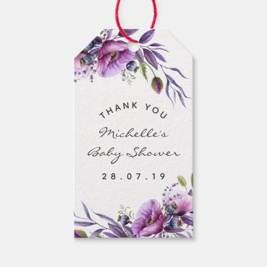 Waterverf Violet Poppy Floral Baby shower Bedankt Cadeaulabel (Voorkant)
