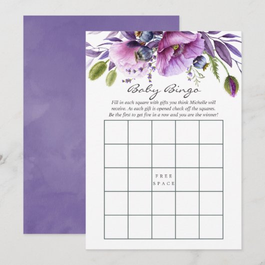 Waterverf Violet Poppy Floral Baby shower Bingo Kaart (Voorkant / Achterkant)