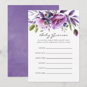 Waterverf Violet Poppy Floral Baby shower Guesses Kaart