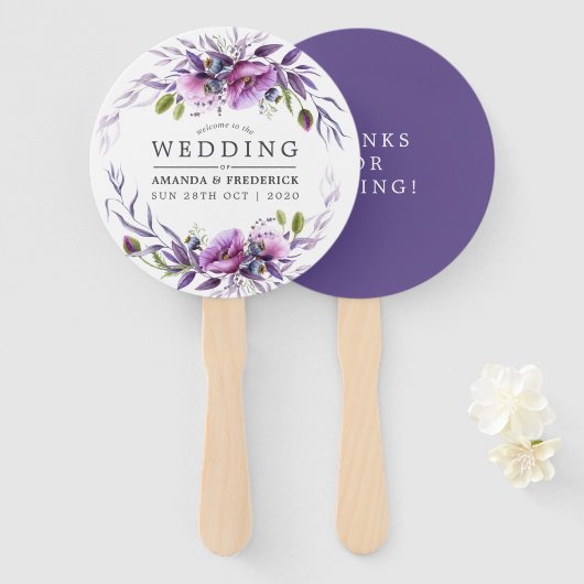 Waterverf Violet Poppy Floral Wedding Favor Handwaaier (Voorkant en achterkant)