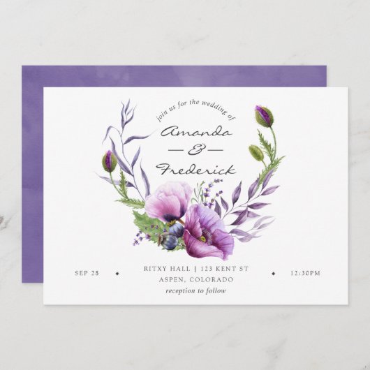 Waterverf Violet Poppy Floral Wedding Kaart (Voorkant / Achterkant)
