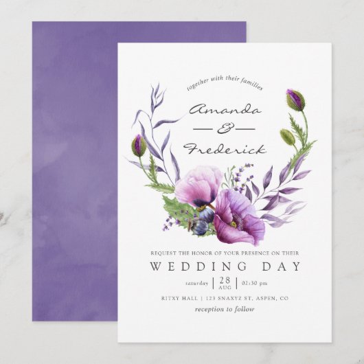 Waterverf Violet Poppy Floral Wedding Kaart (Voorkant / Achterkant)
