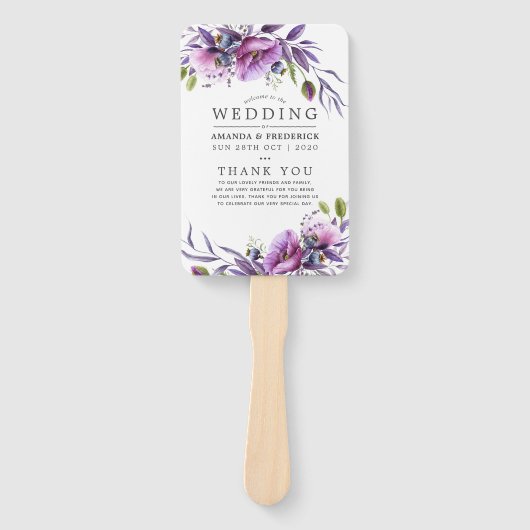 Waterverf Violet Poppy Floral Wedding Programme Handwaaier (Voorkant)