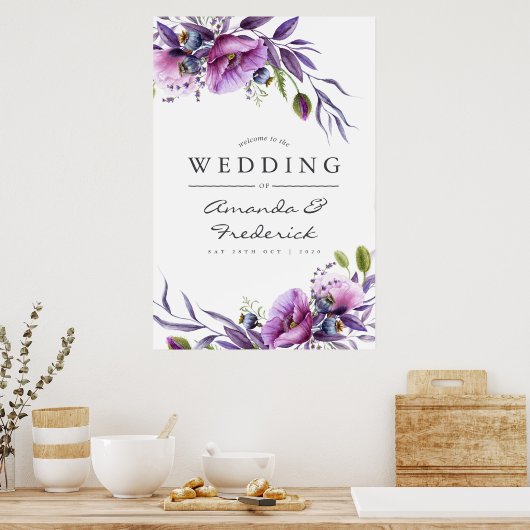 Waterverf Violet Poppy Floral Wedding Welkom Poster (Keuken)