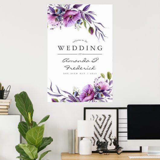 Waterverf Violet Poppy Floral Wedding Welkom Poster (Thuiskantoor)