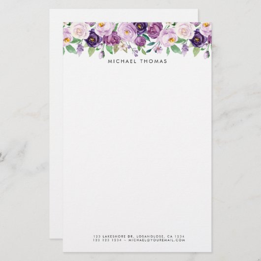 Waterverf Violet Purple Flowers Gepersonaliseerd Briefpapier (Voorkant / Achterkant)