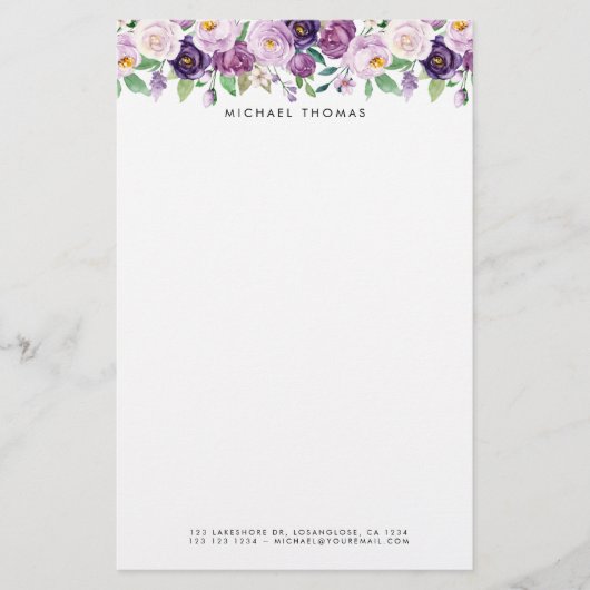 Waterverf Violet Purple Flowers Gepersonaliseerd Briefpapier (Voorkant)