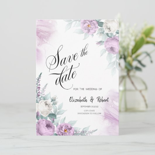 Waterverf Violet Rozen Opslaan Datum Save The Date (Staand voorkant)