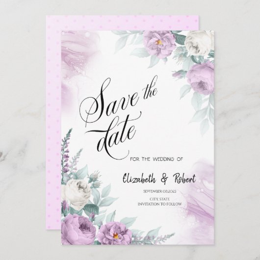 Waterverf Violet Rozen Opslaan Datum Save The Date (Voorkant / Achterkant)