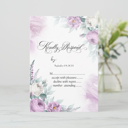 Waterverf Violet Rozen Polka Dots RSVP Kaart (Staand voorkant)