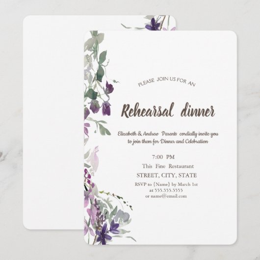 Waterverf Violet Wildflower repesal Dinner Kaart (Voorkant / Achterkant)