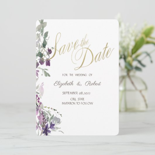 Waterverf Violet Wildflower Save the Date (Staand voorkant)