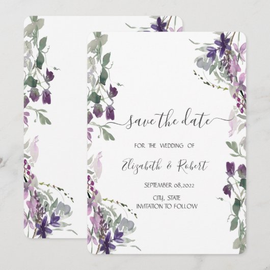 Waterverf Violet Wildflower Save the Date (Voorkant / Achterkant)