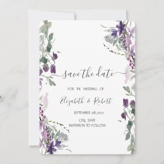 Waterverf Violet Wildflower Save the Date (Voorkant)