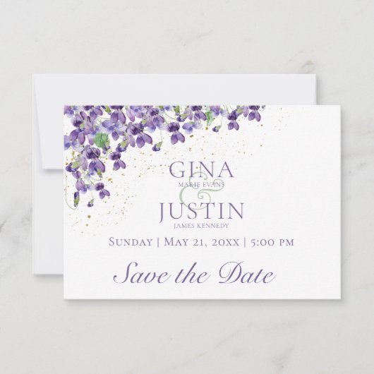 Waterverf Violets bruiloft Save the Date Kaart (Voorkant)