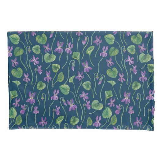 Waterverf viooltjes op blauw kussensloop (Voorkant-Links)
