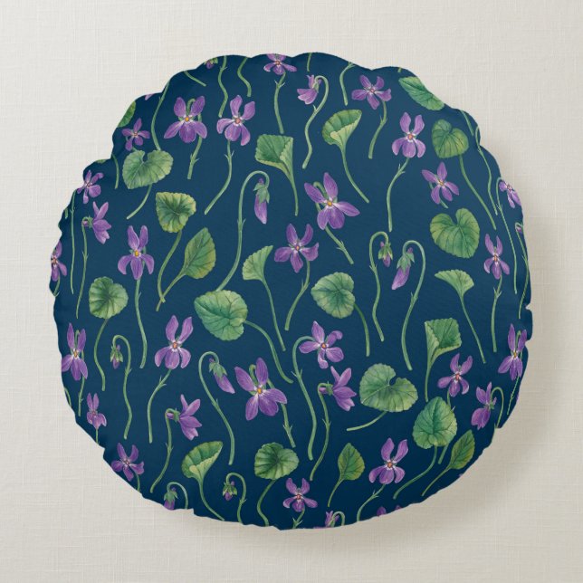 Waterverf viooltjes op blauw rond kussen (Voorkant)