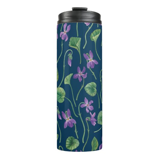 Waterverf viooltjes op blauw thermosbeker (Voorkant)