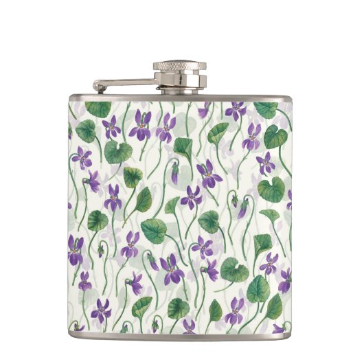 Waterverf viooltjes op wit heupfles (Voorkant)