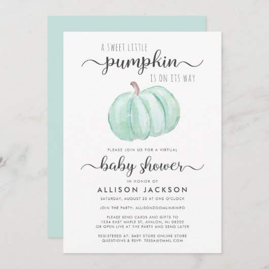 Waterverf Virtual Baby shower Mint Pumpkin Kaart (Voorkant / Achterkant)