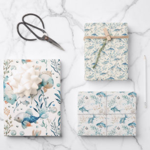 Waterverf Vis en zeewier Patroon op Off-White Inpakpapier Vel