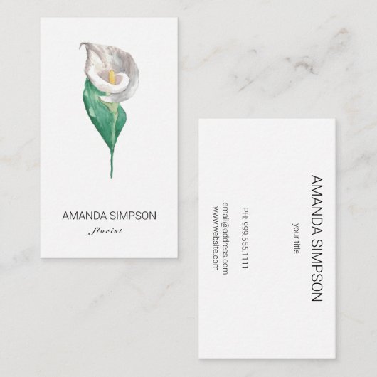 Waterverf, visitekaartje van witte Calla lily (Voorkant / Achterkant)