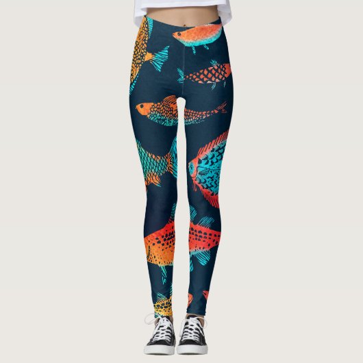 Waterverf Vissen: Deep Blue Naadloos Leggings (Voorkant)